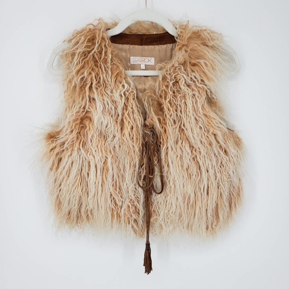 LaRok Lamb Fur Vest S Suede Tassel Ties Boho Festival Cropped Sleeveless Beige